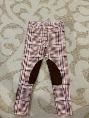 Janie and Jack Kids Pink Plaid Leggings with Brown Knee Patches